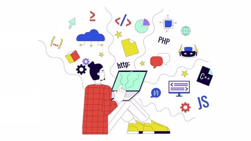 Software Developer Working with Programming Languages and Tech Icons