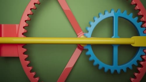 Looping 3D animation multi-colored plastic toy gears.