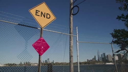Handheld shot of a dead end sign in Brooklyn