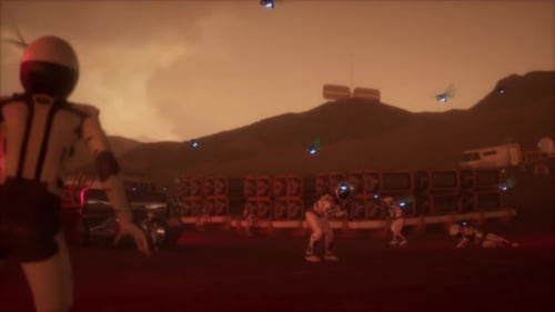 Futuristic Sci-Fi Soldiers Defending Red Planet Base with Drones