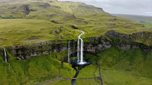 Aerial view of Seljalandsfoss waterfall, Iceland.
