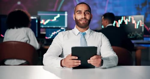 Man, talking or tablet with information for stock market, financial news or update for trade