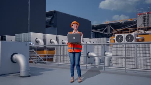 Full Body Of Asian Female Engineer Working On A Laptop On Rooftop HVAC