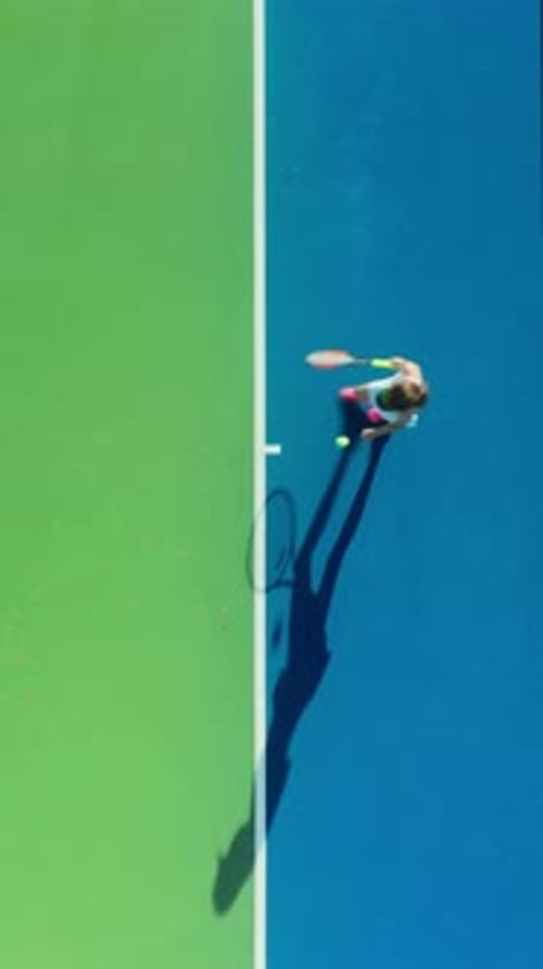 Aerial View of Tennis Player Serving on Court with Keywords Related to Sports and Competition