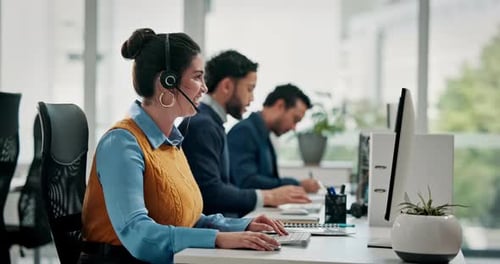 Computer, woman or talking with headset in call center for online help, customer service or advice