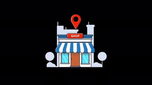 Animated Shop Storefront with Location Pin Reveal