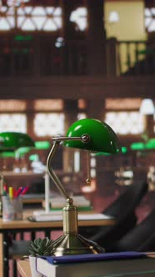 Vertical Video Refined Vintage Library with Wooden Shelves and Classic Green Lamps