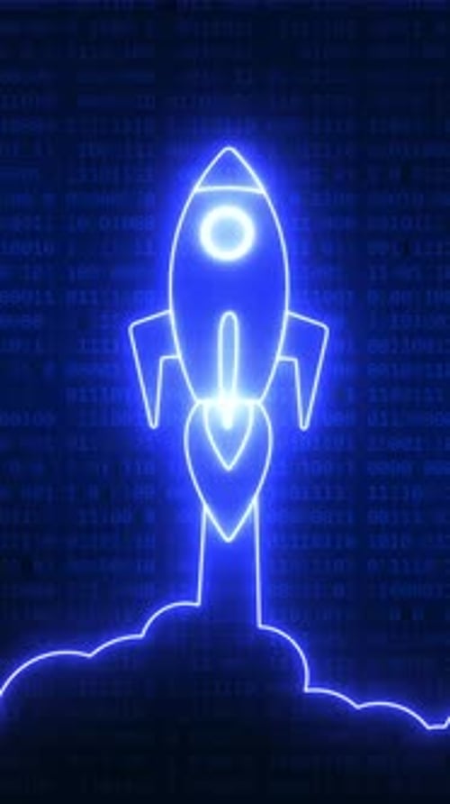 Neon rocket launching into digital binary code space
