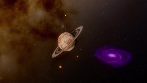 Animated Saturn-like Planet with Rings and Glowing Galaxy in Space