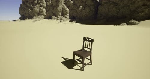 Lonely Chair in Barren Desert Landscape Under Clear Blue Sky