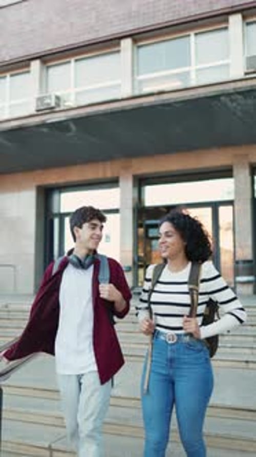 Vertical video of a two multi-ethnic students talk and walk on a sunny university campus