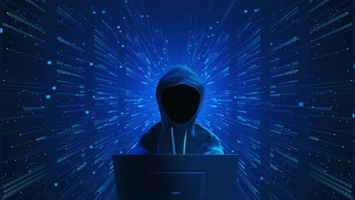 Futuristic Hacker Working on Computer in Blue Digital Environment