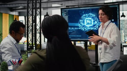 Tech Startup Office CTO Doing Presentation on Machine Learning to Investors