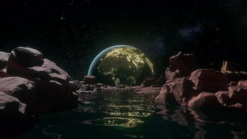 Astronaut on a Rocky Alien Planet Looking Back at the Glowing Earth at Night