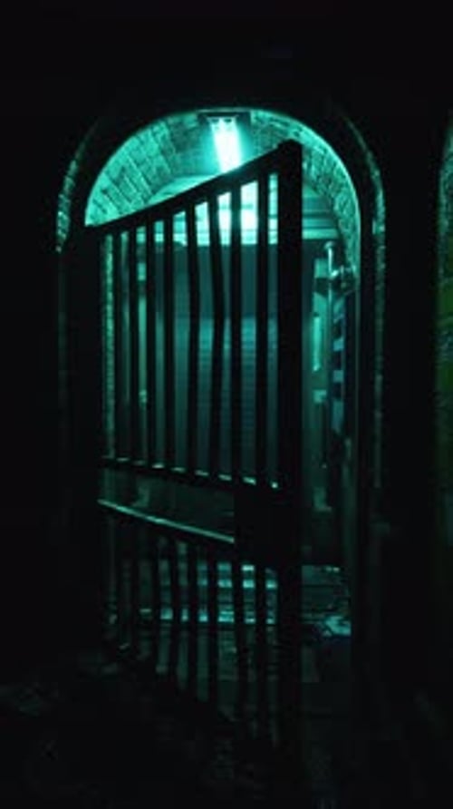 Dark Tunnel With Wooden Gate and Light at End