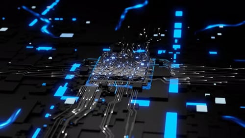 High-Tech Digital Circuit Board with Glowing Blue Data Transfer