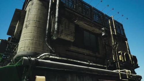 Unique Industrial Building with Intricate Piping Against a Clear Sky