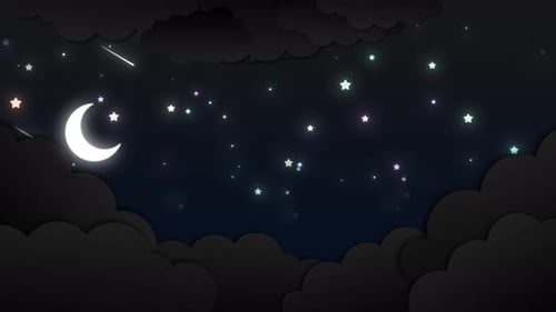 Night Sky Animation With Cloud And Blinking Stars And Moon Rising Behind The Cloud. Cartoon Animatio