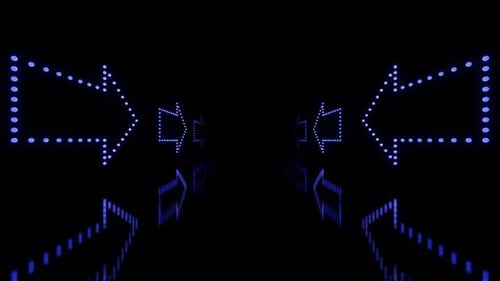 Corredor de setas brilhantes de néon azul e roxo com reflexos