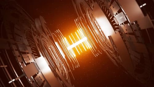 Endless loop of bright energy source with rings and particles.