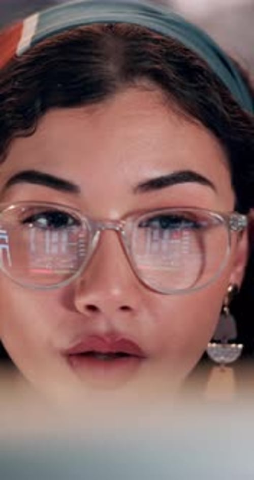 Trading, glasses and woman with data on computer for stock market analysis or investment statistics