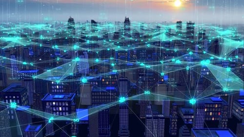 Technology City Buildings Covered by High-Speed 5G Wireless Signals