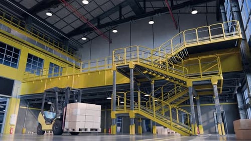 Carretilla elevadora que opera dentro de un moderno almacén industrial