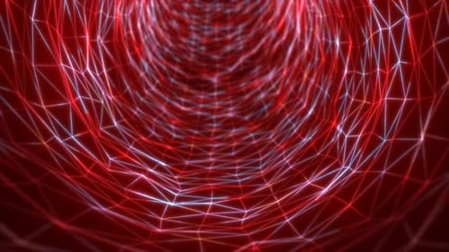 Abstract tunnel of red glowing particle lines forming a swirling energy circle on a dark backdrop