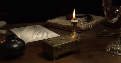 Antique Desk with Quill and Candlelight