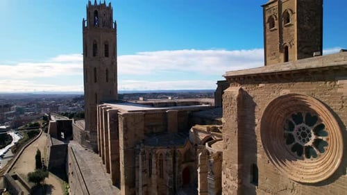 Panoramic aerial drone view of typical Gothic architecture La Seu Vella cathedral: vaults, colonnade