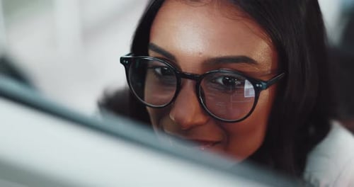 Reading, woman and closeup of developer on computer for research, programming or software update