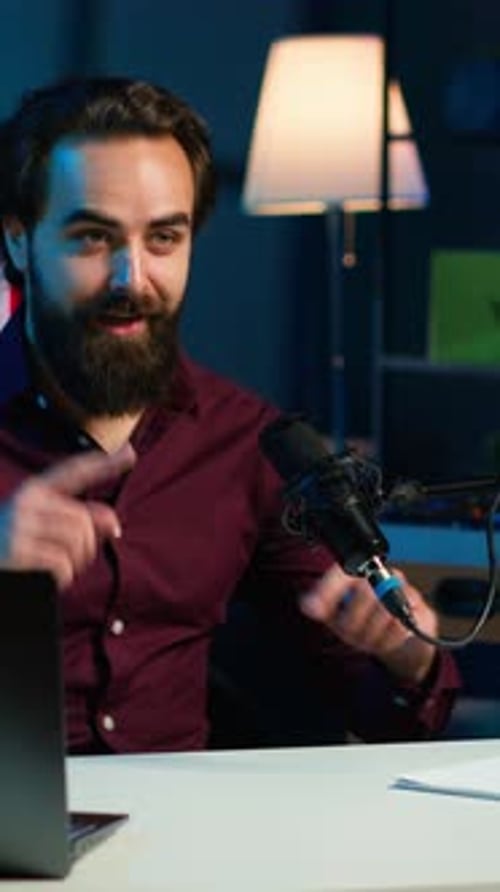 Vertical Video Smiling Media Star Arriving in Studio Starting Stream Greeting Viewers