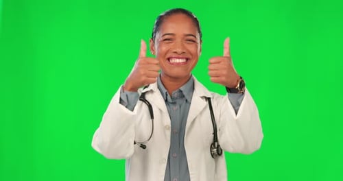 Thumbs up, doctor and green screen for healthcare support, thank you or success