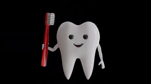 Happy Cartoon Tooth Character Holding Red Toothbrush Animation