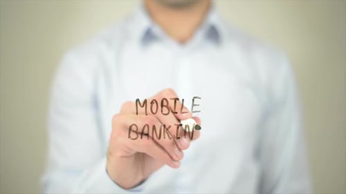 Mobile Banking, Man Writing on Transparent Screen