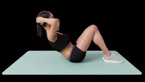 3D Animated Woman Performing Sit-Ups on Yoga Mat