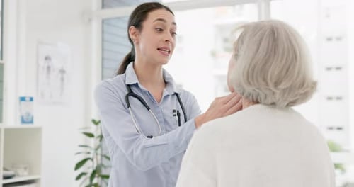 Woman, doctor and senior patient in checkup appointment for throat care or support at the hospital