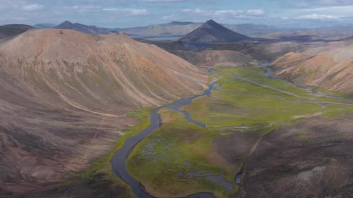 Aerial View of Icelandic Valley with Rivers and Triangular Mountain