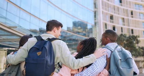 University group, walking and people hug, support and journey for scholarship education