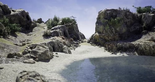 Serene Coastal Landscape with Rocky Shores and Clear Water at Midday