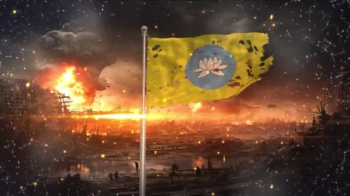 Drapeau de la Kalmoukie flottant pendant la guerre déchiré et endommagé