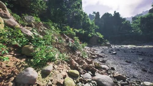 Paysage paisible au bord de la rivière au Laos avec une végétation luxuriante et une côte rocheuse