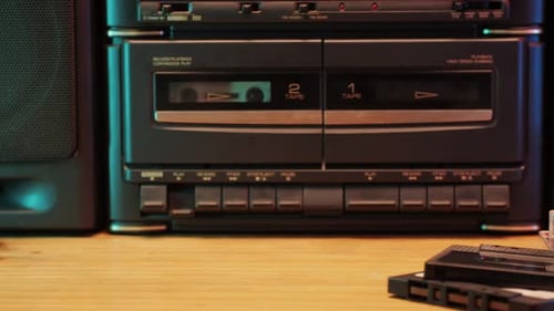 Retro Radio Tape Recorder Audio Cassette Closeup Listening to Music Old Radio Boombox Player