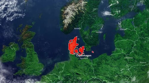 Satellite Map Animation Highlighting Denmark and Copenhagen