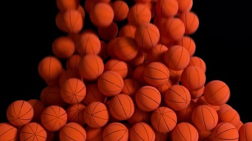 Dynamische Basketbälle, die vor einer starken schwarzen Hintergrundanimation fallen
