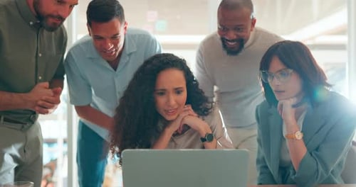 Winner, teamwork and business people on laptop with success, stock trading profit