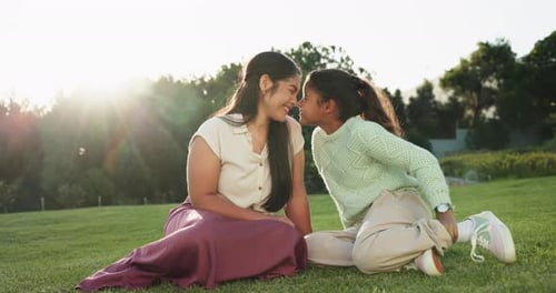 Family, mother and girl in a park, hug and happiness with relationship, fun and quality time