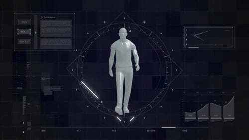 Futuristic human avatar in virtual interface with glowing neon lines