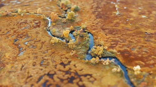 The shallow river meanders through the marshy landscape in the Norwegian tundra. Aerial vie, tilt-sh