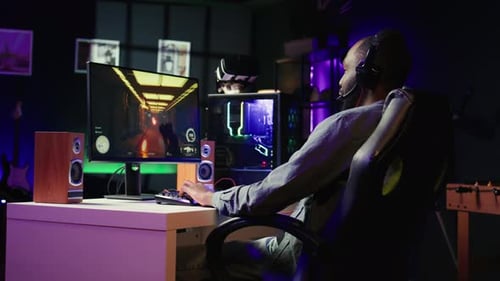 Man Playing and Winning Video Game at Home